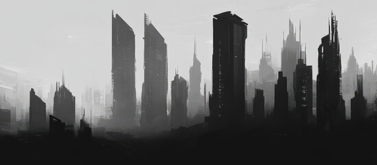 Obraz premium A grayscale futuristic city skyline, shrouded in mist