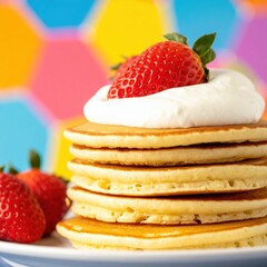 Stack of pancakes with strawberries and whipped cream on colorful background