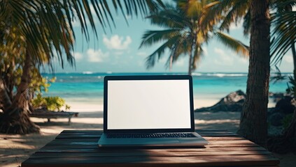 Laptop on a wooden table by the beach. Tropical scenery