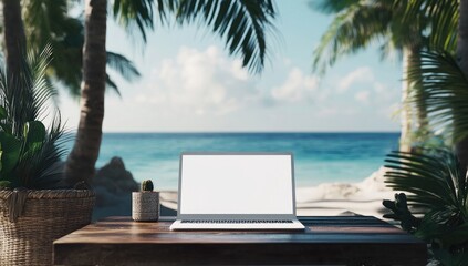 Laptop on a wooden table overlooking a tropical beach scene.  Palm trees, ocean, and greenery surround the device, creating a tranquil workspace