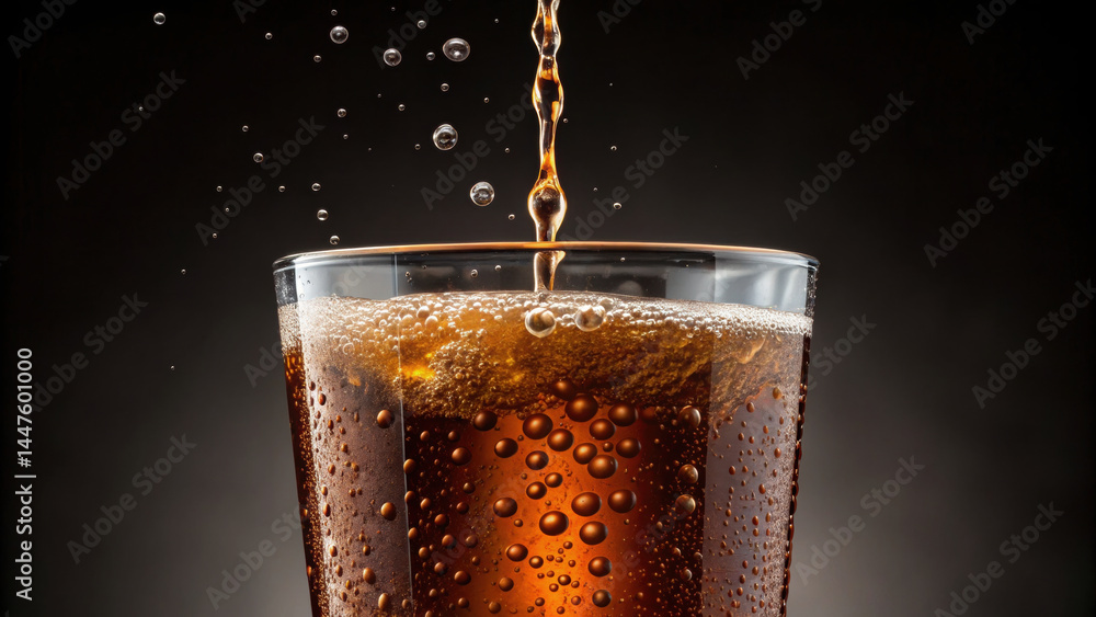 Poster refreshing soda being poured into clear glass with fizzy bubbles and splash, creating lively and thi