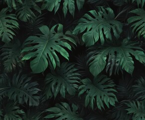 Fototapeta premium Bold, abstract tropical leaf pattern in deep green and black shades , jungle, decor