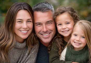 Fototapeta premium happy family with beautiful smiles, father and mother hugging their two children in the park, they all have brown hair wearing light blue shirt or green sweater and white pants