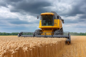 Obraz premium Combine Harvester Harvesting Wheat Field Under Cloudy Sky