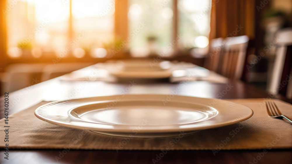 Poster empty plate on dining table with soft sunlight and blurred background creating warm atmosphere