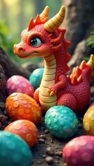 Vibrant cartoon dragon eggs, various colors & textures , sparkly, alien, fantastic