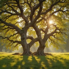 Fototapeta premium Ancient oak dominates grassy field, sunlight dappled leaves , tall, clouds
