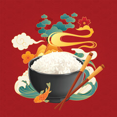 Red Asian Background with Rice