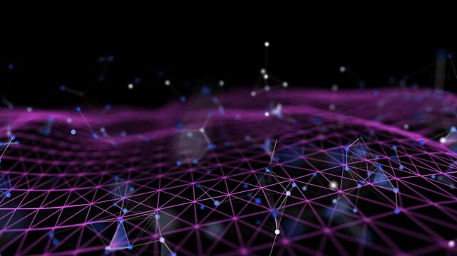 Futuristic background wavy grid quantum computing with poligons broken data. Big data.  Digital technology concept research lost bytes in ciberspace.