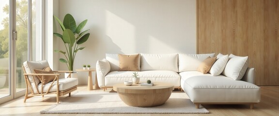 Bright and modern living room interior with white sectional sofa, armchair, wooden tables, and large window. Cozy home design concept.