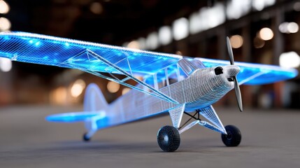 A model airplane, glowing with light blue lines,  rests on a gray surface.  The plane's light framework is transparent, showcasing its internal structure