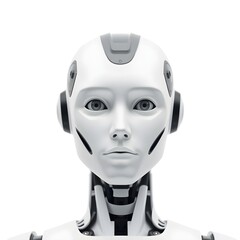 Fototapeta premium A humanoid AI robot face is placed in the center, looking straight ahead, and the background is completely white. The sides and top and bottom are left empty with wide margins.