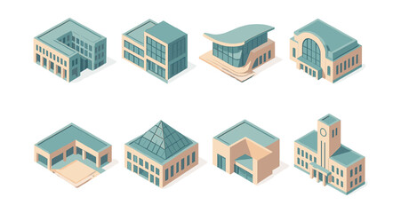 Contemporary civic building icons set – school, library, museum, theater, auditorium, courthouse, pavilion, tower
