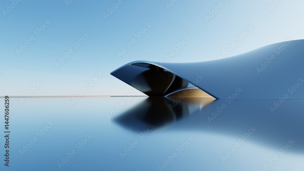 Poster 3d illustration of abstract minimal architecture background, geometric architectural with chrome or metallic curved design