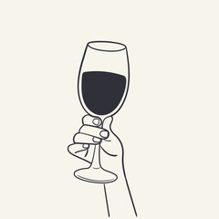 Female hand holding a glass of wine. Minimal linear fashion style.