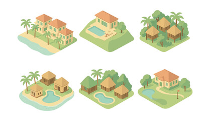 Luxury resort icons set – villas, pool, tropical, beach, cottages, island, trees, gardens, relaxation