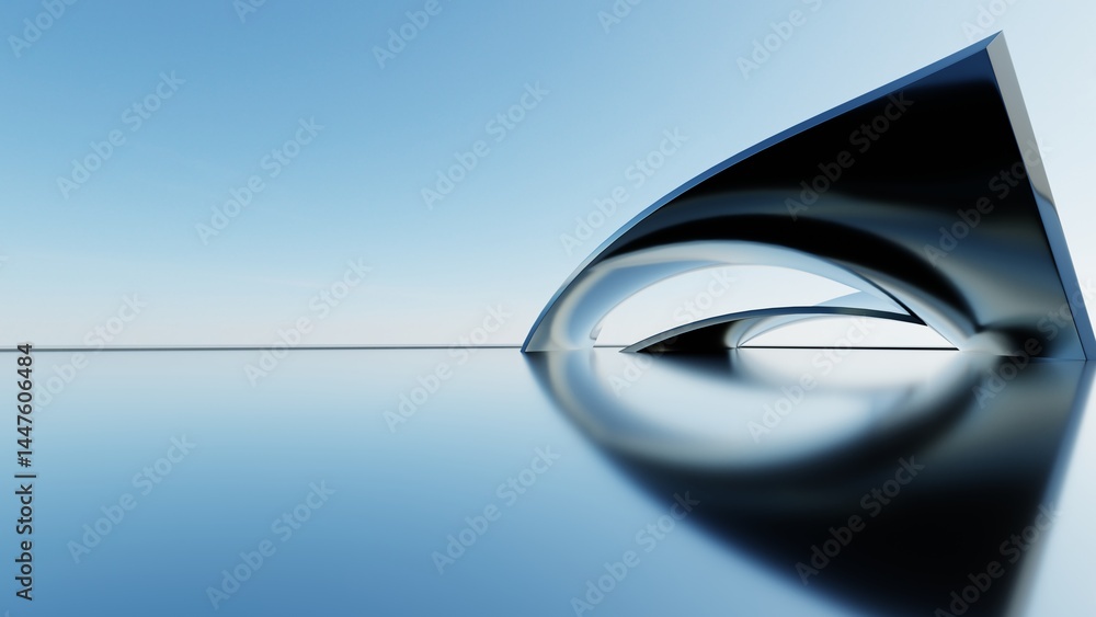 Poster 3d illustration of abstract minimal architecture background, geometric architectural with chrome or metallic curved design