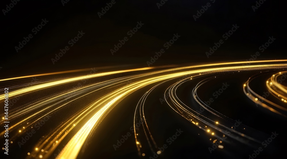 Poster 夜の高速道路の光跡 抽象的な都市の光の流れと交通手段 黒色の背景に金色の輝き