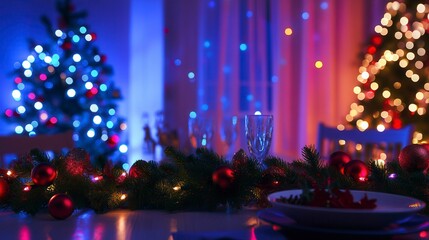 Festive Christmas dinner table setting with decorated trees in background.