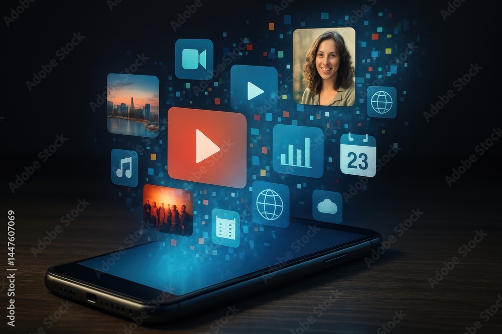 Fototapete digital media interaction on a smartphone showcasing diverse content and applications in a sleek des