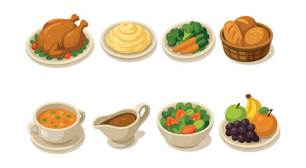 Isometric home meal icons set – roasted chicken, mashed potatoes, vegetables, bread, soup, gravy, salad, fruits