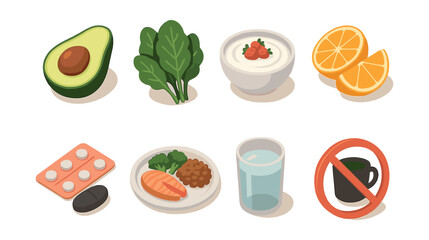 Pregnancy nutrition icons set &ndash; avocado, spinach, yogurt, citrus, supplements, salmon, water, no caffeine