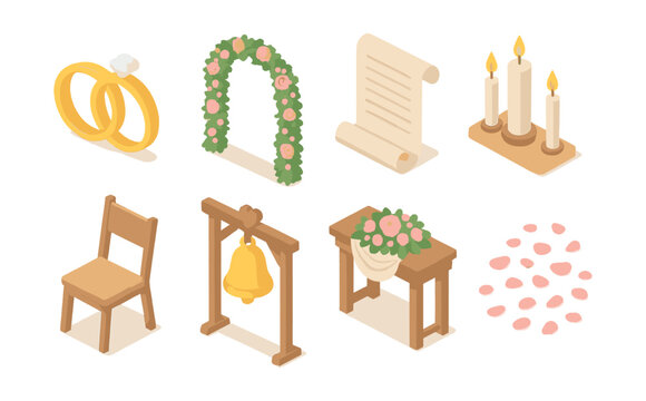 Isometric wedding icons set – rings, arch, vows, candles, chair, bell, flowers, petals