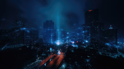 Night cityscape, illuminated by futuristic light beams, connecting skyscrapers