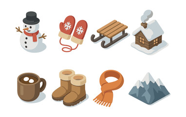 Cozy winter escape icons set – snowman, mittens, sled, cabin, cocoa, boots, scarf, mountain