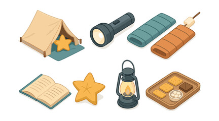 Indoor camping essentials icons set – tent, flashlight, sleeping bag, lantern, snacks