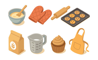 Isometric baking icons set – bowl, mittens, rolling pin, cookies, flour, measuring cup, cupcake, apron