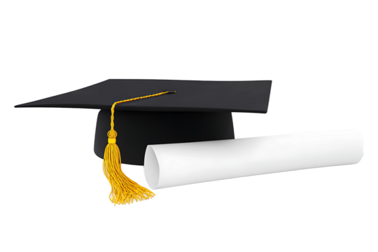 Black graduation cap with gold tassel and white diploma on clean transparent background