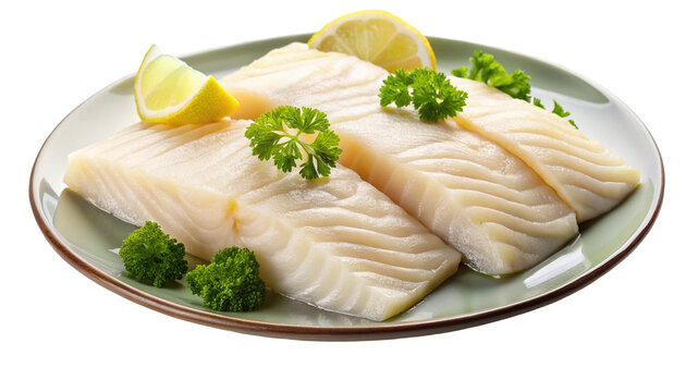 Raw cod fillets garnished with lemon wedges and parsley on a plate