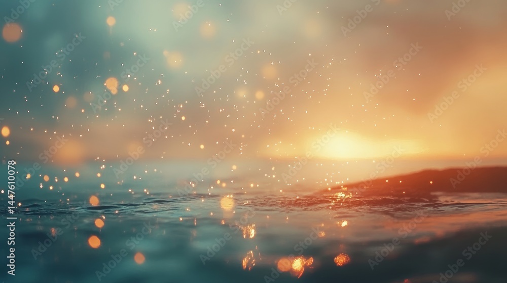 Poster sparkling sunset seascape, abstract ocean background with golden bokeh effect and copy space