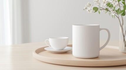 Fototapeta premium Minimalist Coffee Break: Mugs on Wood Tray with Floral Decor coffee mug tea cup mockup white blossom