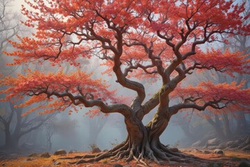 Fototapeta premium Ancient tree, blossoms laden branches, vibrant leaves , flora, photography, pink