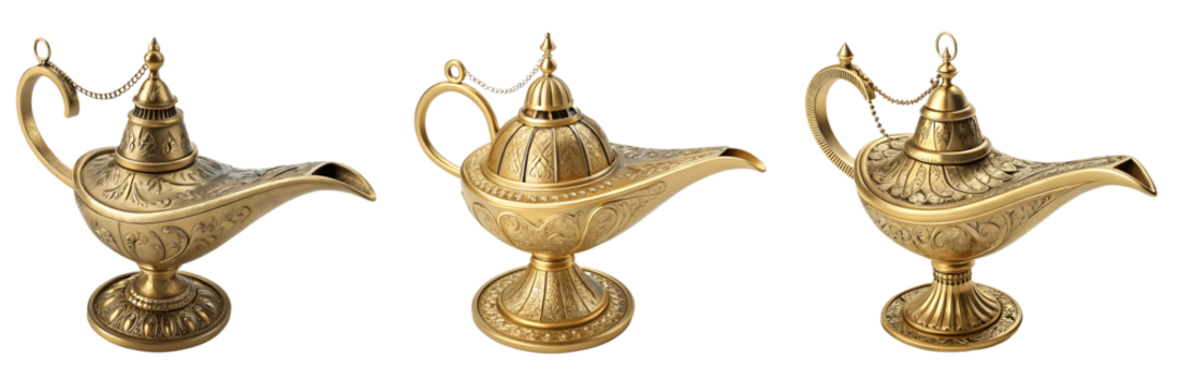 golden aladdin-style lamps, ornate antique brass lamps, enchanted magical lamps, fantastical arabesque lamps, mystical genie lamps, ornate metallic oil lamps, golden illuminated lamps, Arabian nights