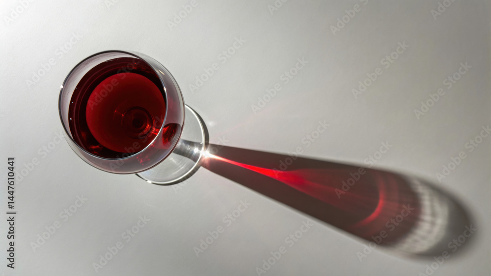 Poster Red wine glass casting long shadow on white surface with bright light creating elegant reflection and deep red color