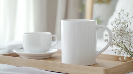 Fototapeta premium Morning Still Life: Coffee Mugs, Flowers, and Wooden Tray coffee mug tea cup white minimal morning