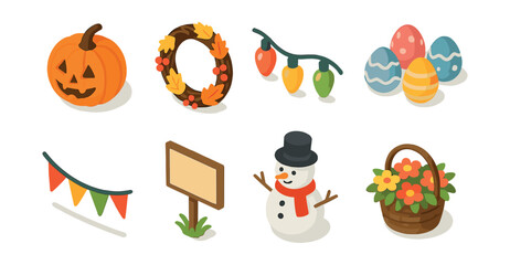 Seasonal decoration icons set – pumpkin, wreath, lights, eggs, snowman, basket, garland, sign