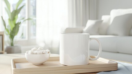Obraz premium Cozy Morning: White Mug with Sugar Cubes on Tray mug coffee cup white sugar cubes bowl tray light
