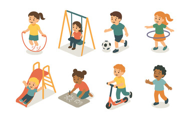 Playful childhood activities icons set – jump rope, swing, soccer, hula hoop, slide, chalk drawing, scooter