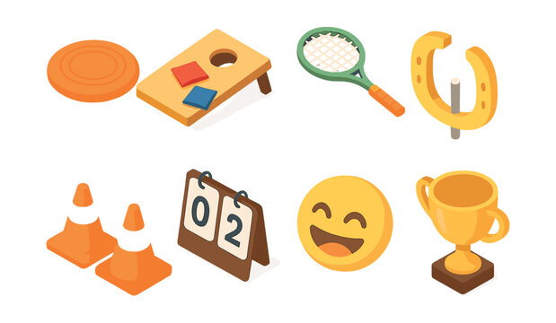 Isometric yard game icons set &ndash; frisbee, cornhole, tennis, horseshoe, cone, calendar, emoji, trophy