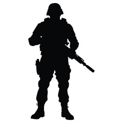 A black silhouette of a soldier in full gear, standing with a rifle, conveying a sense of military readiness and strength