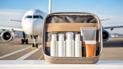 Travel size lotion kit with white bottles and orange tube in beige pouch, placed on surface with airplane in background, evoking sense of travel and convenience