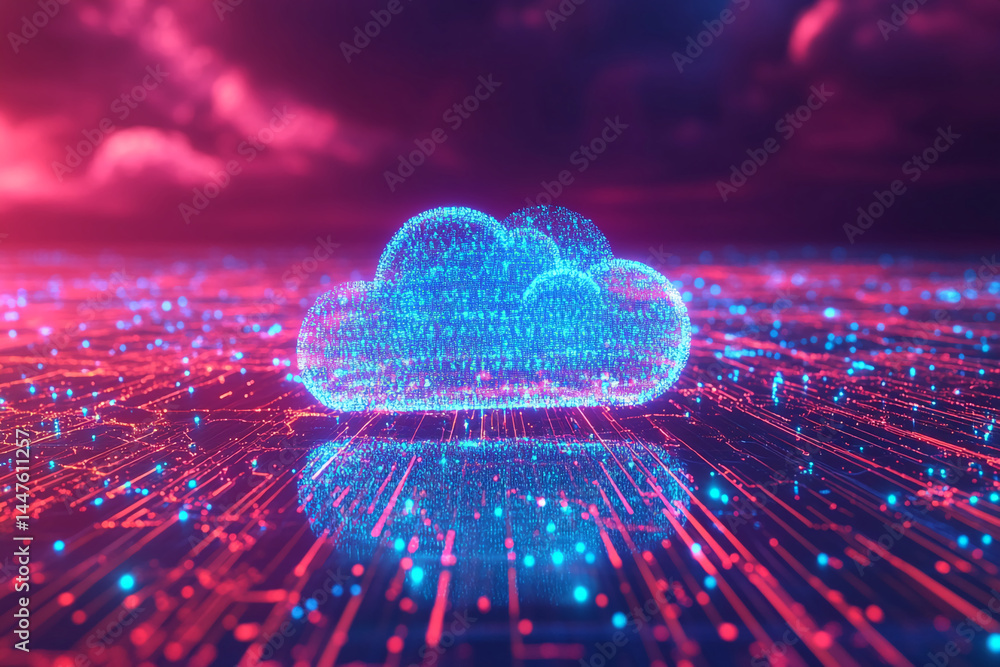 Poster abstract glowing blue cloud symbol on red digital network background, showcasing technological advan
