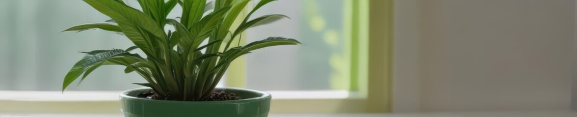 Obraz premium A vibrant green plant thrives in a simple green pot on a sunlit windowsill , window, pothos
