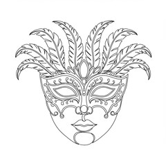 The line art drawing displays a detailed, Venetian-style mask adorned with several feathers, which creates an suitable for coloring or decorative designs.