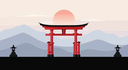 Serene Japanese Torii Gate and Mountains