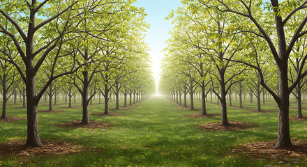 Fototapeta premium Scenic Tree Orchard Landscape: Beautiful Green Field and Serene Sunlight Through Trees